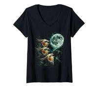 Women's Three Cockatiels Calling Beneath a Bright Moon V-Neck T-Shirt