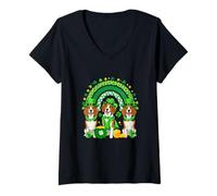 Women's Three Cute Beagles St. Patrick's Day Shamrocks Rainbow V-Neck T-Shirt