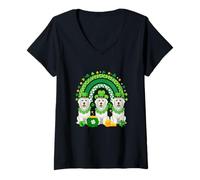 Women's Three Cute Bearded Collies Patrick's Day Shamrocks Rainbow V-Neck T-Shirt
