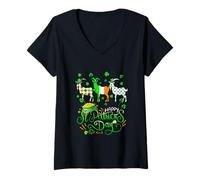 Women's Three Cute Goats Patrick's Day Farmer Ireland Flag Shamrocks V-Neck T-Shirt