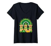 Women's Three Cute Golden Retrievers Patrick's Day Shamrocks Rainbow V-Neck T-Shirt