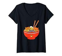 Womens Three Cute Kawaii Cats Eating Japanese Ramen Noodles Bowl V-Neck T-Shirt