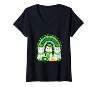 Women's Three Cute Persian Cats St. Patrick's Day Shamrocks Rainbow V-Neck T-Shirt