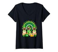 Women's Three Cute Pugs St. Patrick's Day Shamrocks Rainbow V-Neck T-Shirt