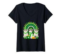 Women's Three Cute Ragdoll Cats St. Patrick's Day Shamrocks Rainbow V-Neck T-Shirt