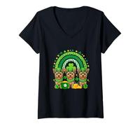 Women's Three Cute Yorkshire Terriers St. Patrick's Day Rainbow V-Neck T-Shirt