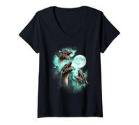 Womens Three Dragon Howling at The Moon tie dye Green V-Neck T-Shirt