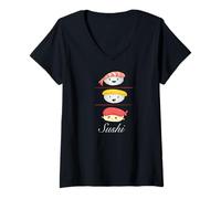 Womens Three Friends Sushi Manga Style Japan Rice Fish V-Neck T-Shirt