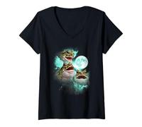 Womens Three Frog Howling at The Moon tie dye Green V-Neck T-Shirt