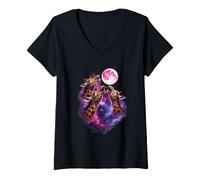 Women's Three Giraffes Howling Moon Galaxy Funny Wildlife Space V-Neck T-Shirt