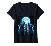 Womens Three Goats Howling at The Full Moon Night Sky V-Neck T-Shirt