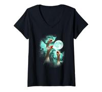 Womens Three Goose Howling at The Moon tie dye Green V-Neck T-Shirt