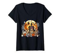 Womens Three Halloween Bengal Cats As Horror Witch Mummy Zombie V-Neck T-Shirt