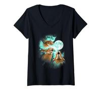Womens Three Hares Howling at The Moon tie dye Green V-Neck T-Shirt