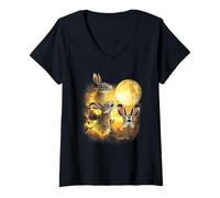Womens Three hares Howling At The Moon yellow tie dye hares V-Neck T-Shirt