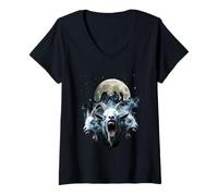 Womens Three Headed Goat Under Full Moon Occult Horror V-Neck T-Shirt