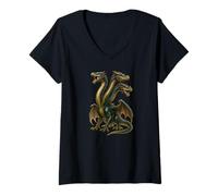 Womens Three Headed Hydra Dragon Fierce Long Necks Mythical Art V-Neck T-Shirt
