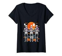 Womens Three Horror Skeletons Hugging Racoons As Witch V-Neck T-Shirt