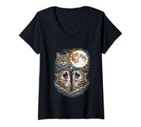 Women's Three Howling Cats 3 Head Under A Full Moon Cosmic Men Women V-Neck T-Shirt