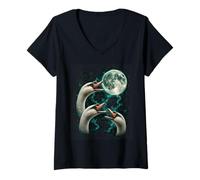 Women's Three Howling Swans Under Moon Lunar Wildlife V-Neck T-Shirt