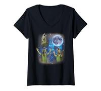 Womens Three Iguanas Howling at The Moon Weird Meme Iguana V-Neck T-Shirt