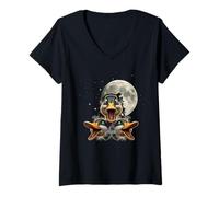 Womens Three Mallard Ducks Howling at Full Moon Night V-Neck T-Shirt
