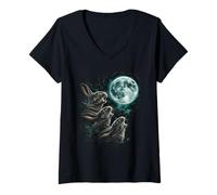 Women's Three Moon Rabbits Mystic Lunar Wildlife Art V-Neck T-Shirt