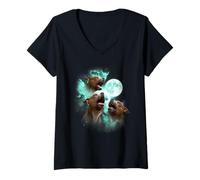 Womens Three Pitbull Howling at The Moon tie dye Green V-Neck T-Shirt