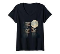 Womens Three Possums Howling at the Full Moon Midnight Mischief, V-Neck T-Shirt