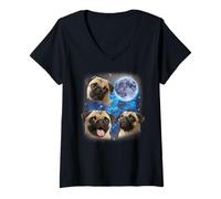 Womens Three Pugs Howling at The Moon Weird Meme Pug V-Neck T-Shirt