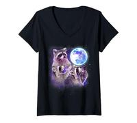 Womens Three Raccoon Moon Funny 3 Wolves Parody Racoon Space Galaxy V-Neck T-Shirt