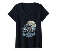 Womens Three Raccoons Howling at Full Moon Night Mist V-Neck T-Shirt
