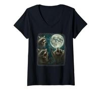 Womens Three Raccoons Howling At The Moon UFO Night Fear Of Aliens V-Neck T-Shirt