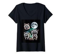 Womens Three Raccoons Under Full Moon Night Sky Forest V-Neck T-Shirt
