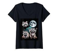 Womens Three Raccoons Under The Full Moon Night Sky V-Neck T-Shirt