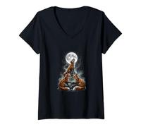 Women's Three Red Foxes Howling At The Moon Fox Lover V-Neck T-Shirt