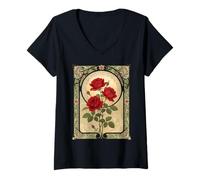 Women's Three Romantic Red Roses Art Nouveau Style V-Neck T-Shirt