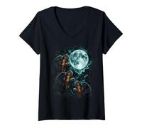 Women's Three Rottweilers Under Moon Canine Night Scene V-Neck T-Shirt