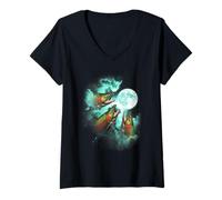 Womens Three Salmon Fish Howling at The Moon tie dye Green V-Neck T-Shirt
