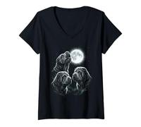 Women's Three Shar Pei Dogs Howling At The Moon V-Neck T-Shirt