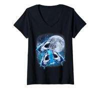 Womens Three Shark Moon | 3 Great Whites Howling Wolfs Moon Parody V-Neck T-Shirt