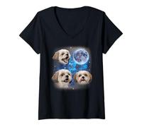 Womens Three Shih Tzu Howling at The Moon Weird Meme Shih Tzu V-Neck T-Shirt