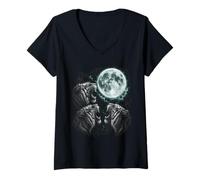 Women's Three Tigers Under Moon Wild Predator Scene V-Neck T-Shirt