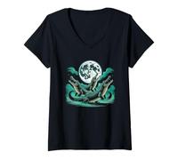 Womens Three Weirdcore Crocodiles Moon Funny 3 Alligator Dead Moon V-Neck T-Shirt