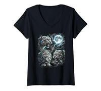 Women's Three Wild Cats Moon Wildlife Animal Art V-Neck T-Shirt