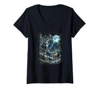 Women's Three Wild Deer Moon Wildlife Animal Art V-Neck T-Shirt