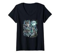 Women's Three Wild Wolfs Moon Wildlife Animal Art V-Neck T-Shirt