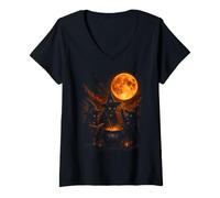 Women's Three Witch Cats Brewing Cauldron Blood Moon Halloween V-Neck T-Shirt