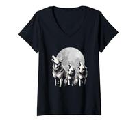 Women's Three Wolves Howling at Full Moon Wildlife Art V-Neck T-Shirt