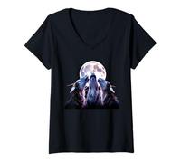 Womens Three Wolves Howling at The Full Moon Night Pack V-Neck T-Shirt